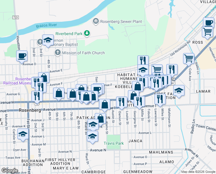 map of restaurants, bars, coffee shops, grocery stores, and more near 2725 Avenue F in Rosenberg