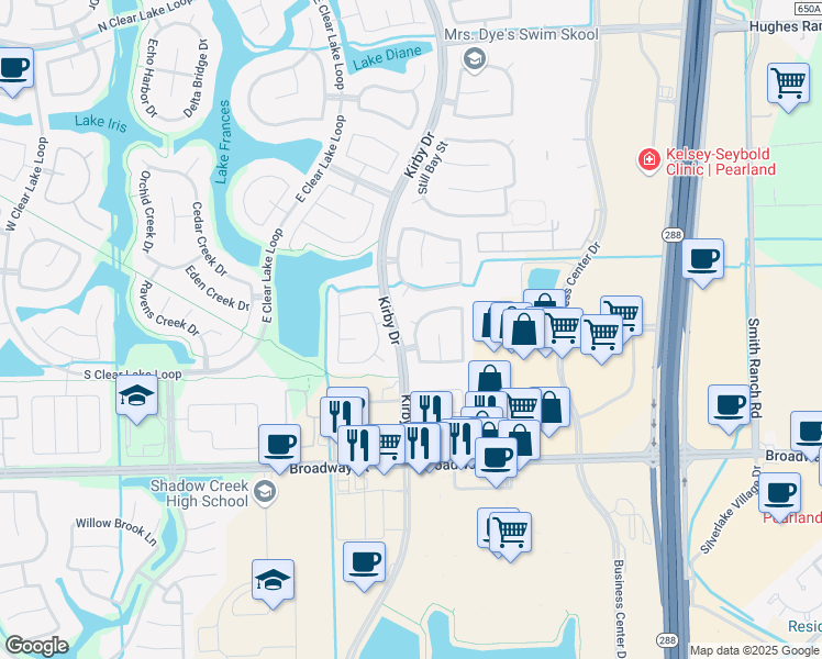 map of restaurants, bars, coffee shops, grocery stores, and more near 11502 Shoal Creek Court in Pearland