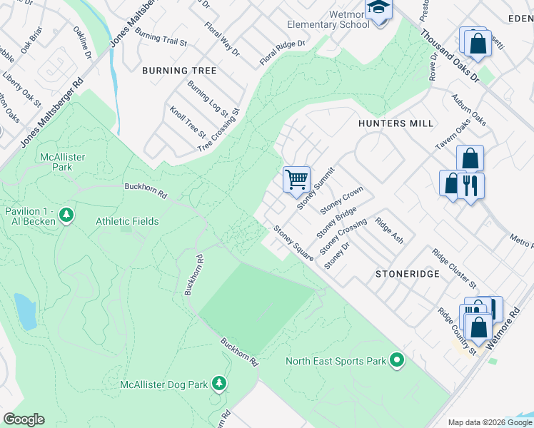 map of restaurants, bars, coffee shops, grocery stores, and more near 3114 Stoney Fork in San Antonio
