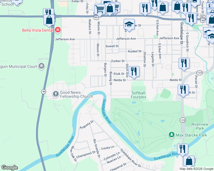 map of restaurants, bars, coffee shops, grocery stores, and more near 812 Boenig Street in Seguin