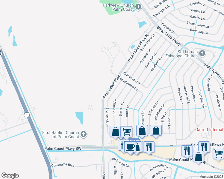 map of restaurants, bars, coffee shops, grocery stores, and more near 9 Pine Lakes Parkway in Palm Coast