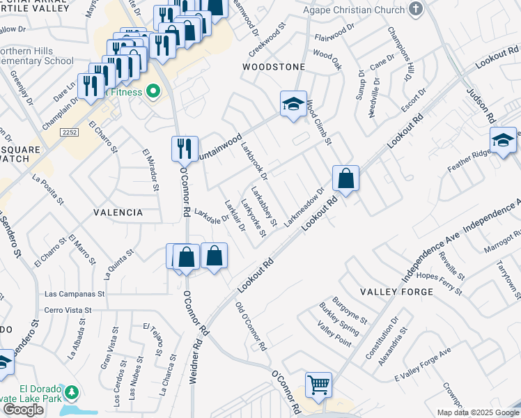 map of restaurants, bars, coffee shops, grocery stores, and more near 13126 Larkabbey Street in San Antonio