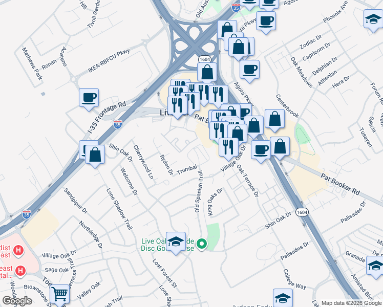map of restaurants, bars, coffee shops, grocery stores, and more near 7811 Bovis Court in Live Oak