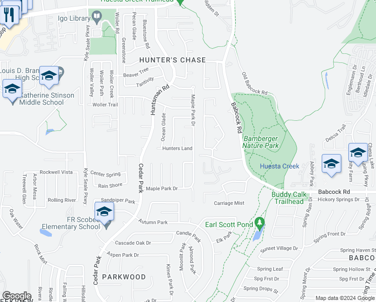 map of restaurants, bars, coffee shops, grocery stores, and more near 7310 Hunters Land in San Antonio