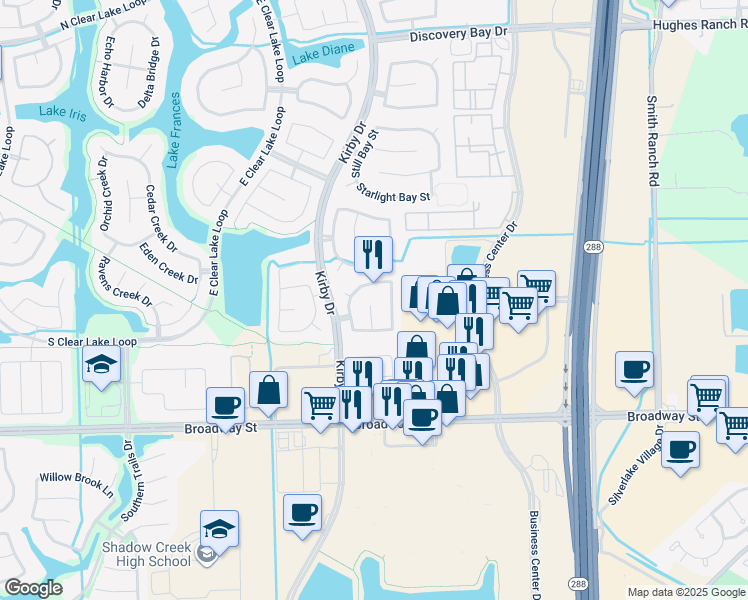 map of restaurants, bars, coffee shops, grocery stores, and more near 2701 Hidden Bay Court in Pearland