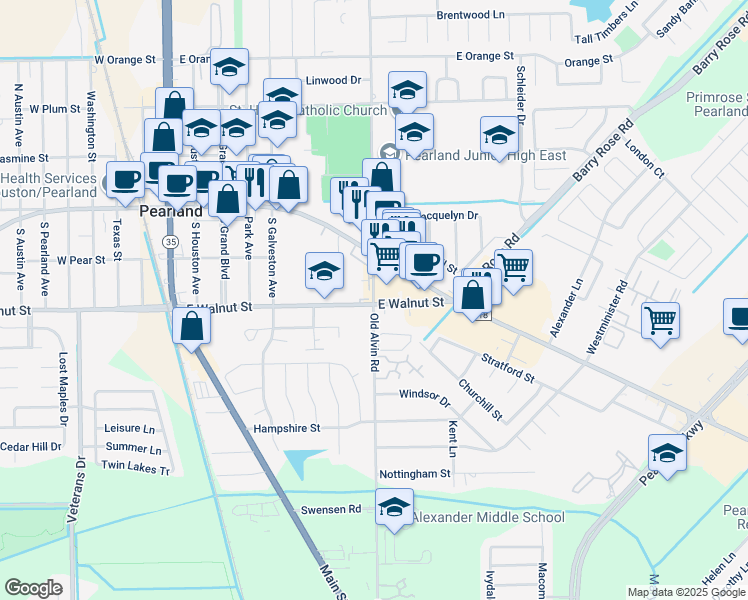 map of restaurants, bars, coffee shops, grocery stores, and more near 2691 Old Alvin Road in Pearland