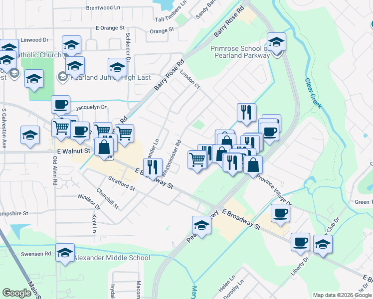 map of restaurants, bars, coffee shops, grocery stores, and more near 2902 Whispering Winds Drive in Pearland