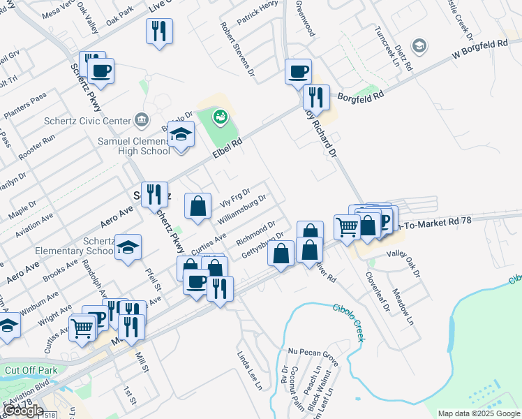 map of restaurants, bars, coffee shops, grocery stores, and more near 1060 Williamsburg Drive in Schertz