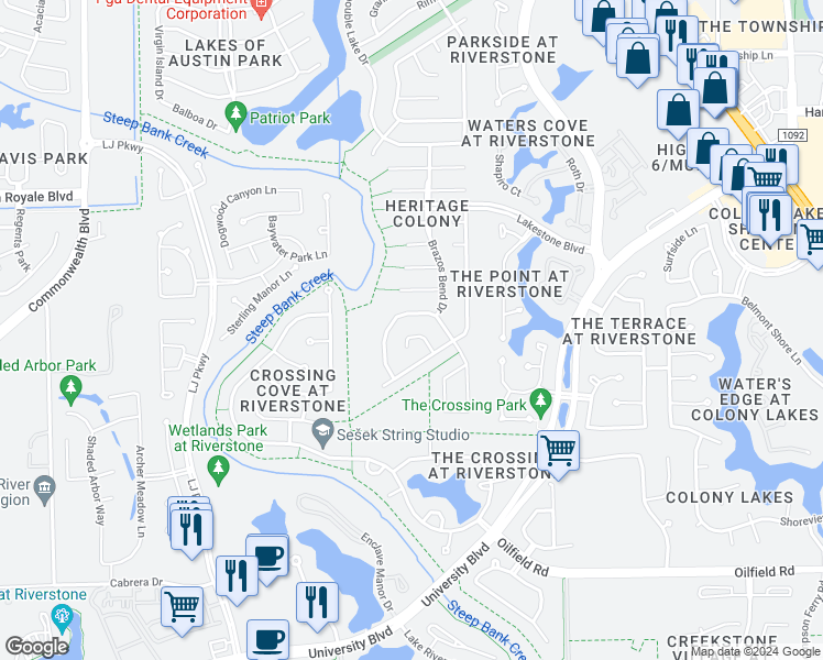 map of restaurants, bars, coffee shops, grocery stores, and more near 4927 Falls Circle in Missouri City