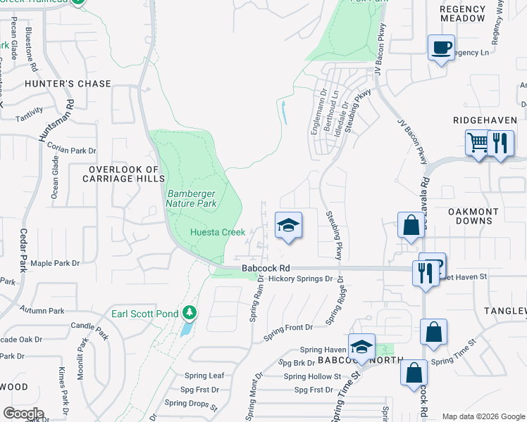 map of restaurants, bars, coffee shops, grocery stores, and more near 12417 Abbey Park in San Antonio