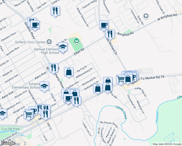 map of restaurants, bars, coffee shops, grocery stores, and more near 1060 Williamsburg Drive in Schertz
