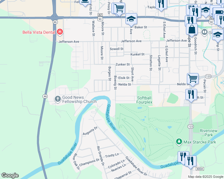 map of restaurants, bars, coffee shops, grocery stores, and more near 812 Boenig Street in Seguin