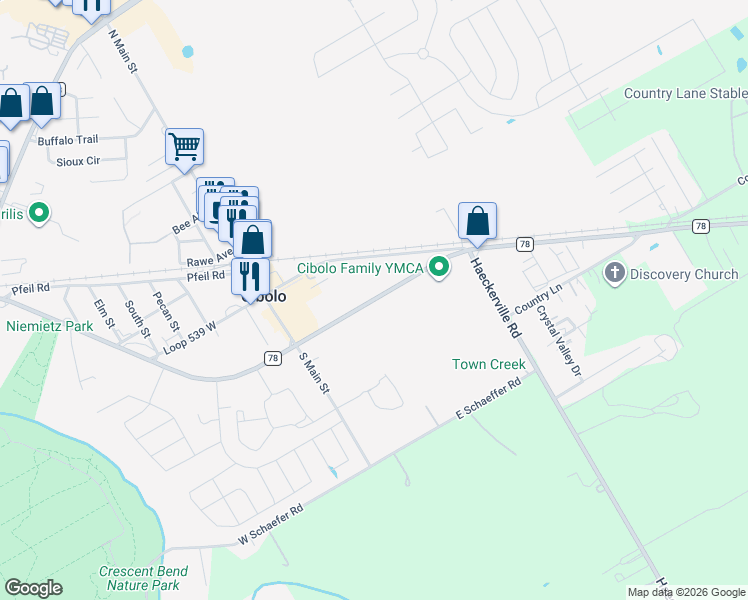 map of restaurants, bars, coffee shops, grocery stores, and more near 138 Farm to Market Road 78 in Cibolo