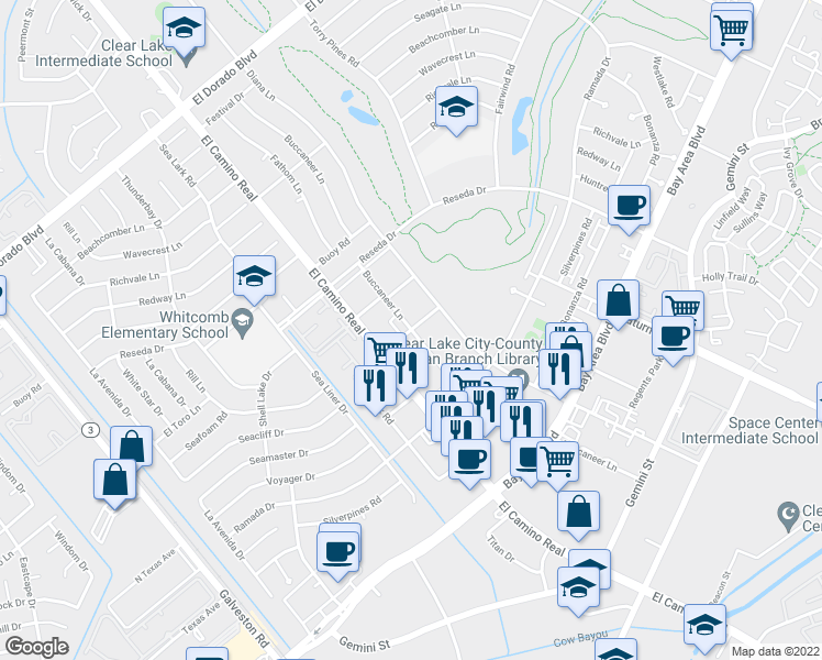 map of restaurants, bars, coffee shops, grocery stores, and more near Buccaneer Ln in Houston