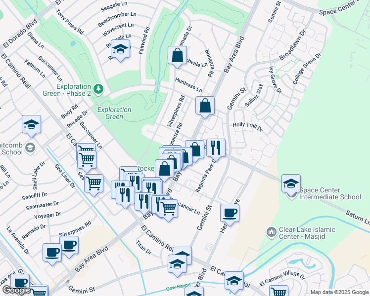 map of restaurants, bars, coffee shops, grocery stores, and more near 1243 Bay Area Boulevard in Houston
