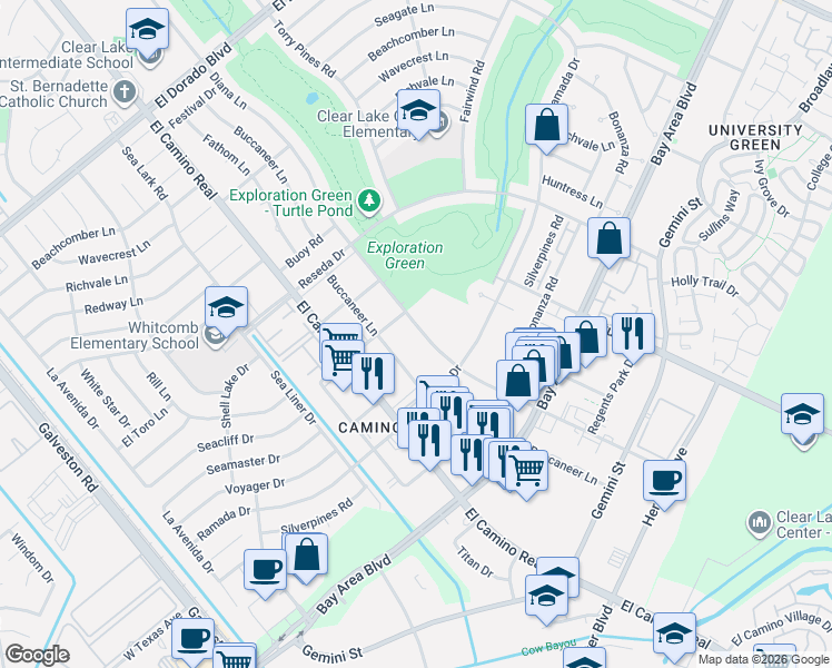 map of restaurants, bars, coffee shops, grocery stores, and more near 16400 Diana Lane in Houston