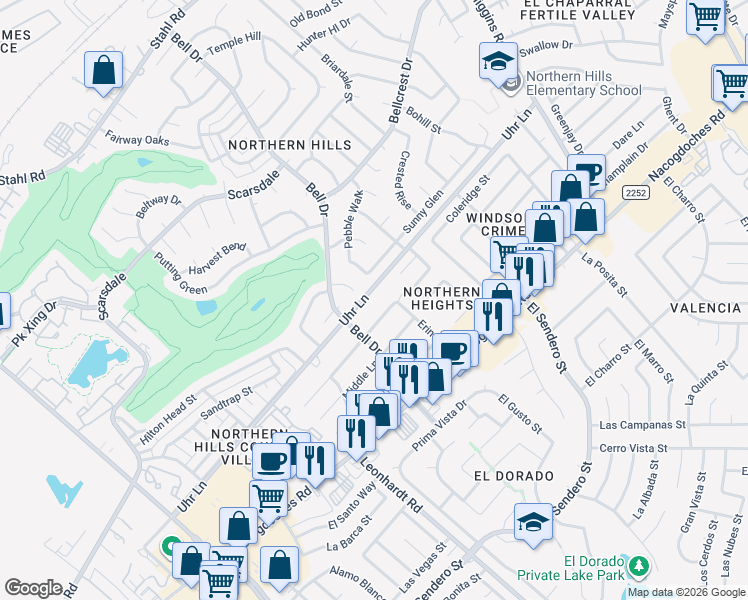 map of restaurants, bars, coffee shops, grocery stores, and more near 4519 Oak Wind Street in San Antonio