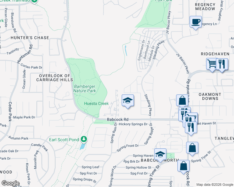 map of restaurants, bars, coffee shops, grocery stores, and more near 12417 Abbey Park in San Antonio