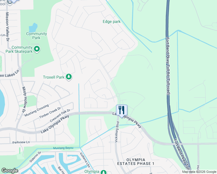 map of restaurants, bars, coffee shops, grocery stores, and more near 4131 Chester Bay Lane in Missouri City