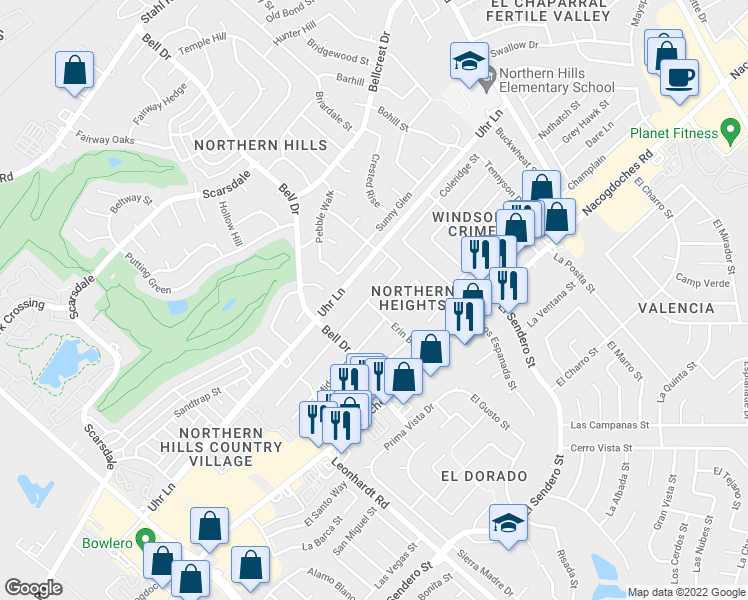 map of restaurants, bars, coffee shops, grocery stores, and more near 4619 Erin Boulevard in San Antonio