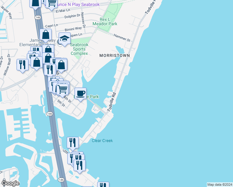 map of restaurants, bars, coffee shops, grocery stores, and more near 1506 Todville Road in Seabrook