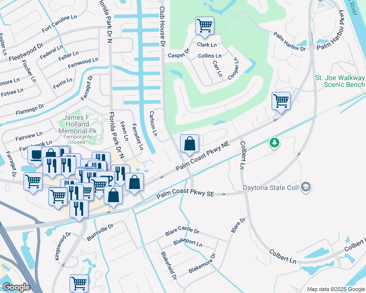map of restaurants, bars, coffee shops, grocery stores, and more near 3 Club House Drive in Palm Coast