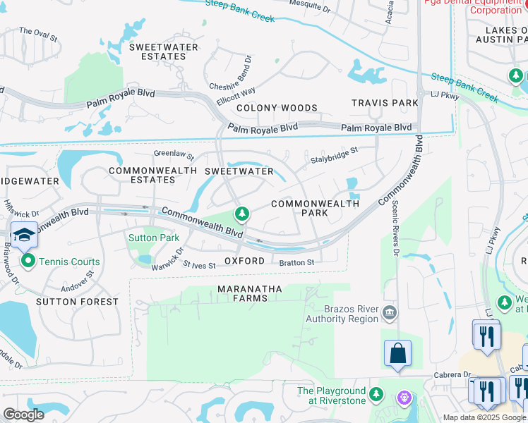 map of restaurants, bars, coffee shops, grocery stores, and more near 81 Bradford Circle in Sugar Land