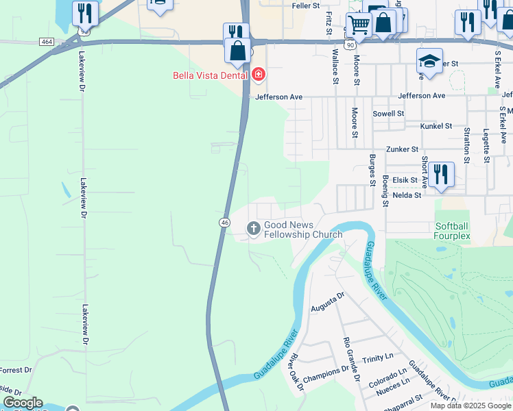 map of restaurants, bars, coffee shops, grocery stores, and more near 1074 B and B Road in Seguin