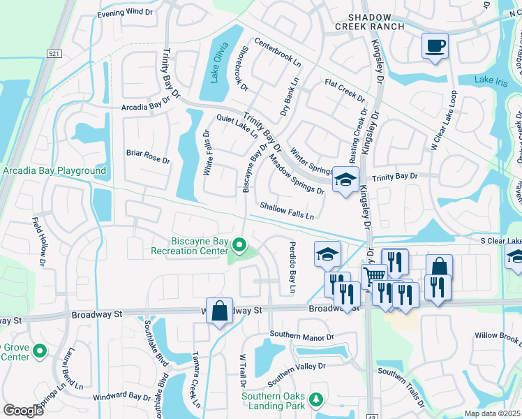 map of restaurants, bars, coffee shops, grocery stores, and more near 13112 Shallow Falls Lane in Pearland