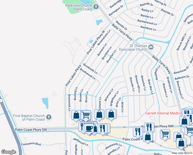 map of restaurants, bars, coffee shops, grocery stores, and more near 50 Brookside Lane in Palm Coast