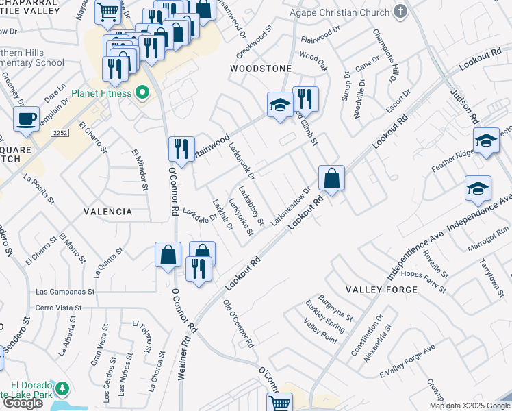 map of restaurants, bars, coffee shops, grocery stores, and more near 13126 Larkabbey Street in San Antonio