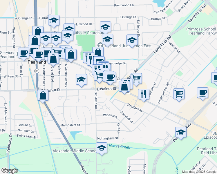map of restaurants, bars, coffee shops, grocery stores, and more near 3320 East Broadway Street in Pearland