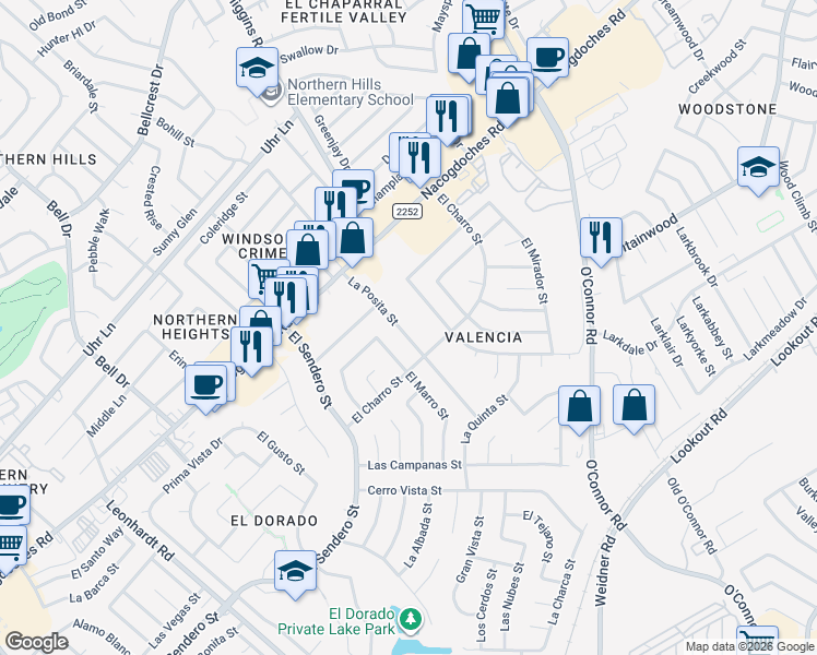 map of restaurants, bars, coffee shops, grocery stores, and more near 5123 La Posita Street in San Antonio