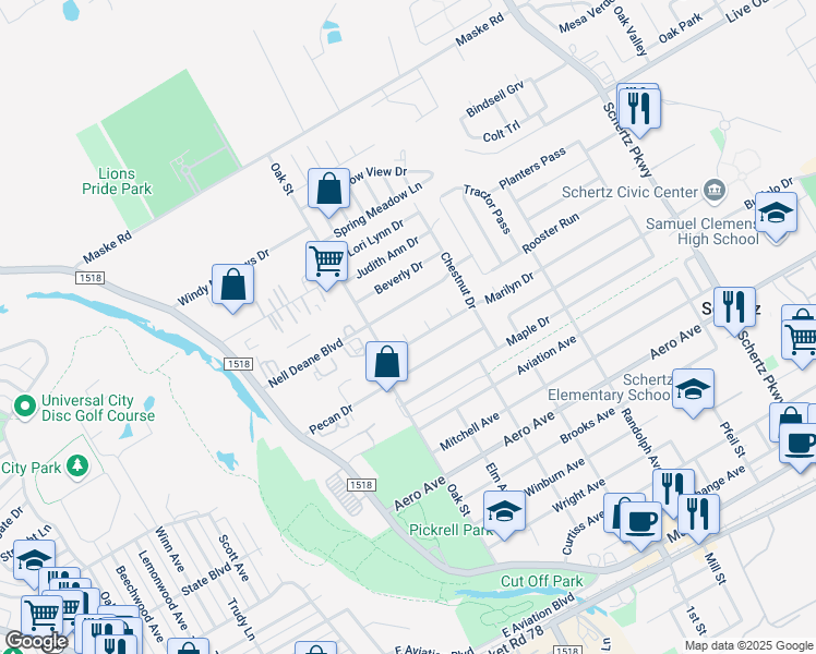 map of restaurants, bars, coffee shops, grocery stores, and more near 221 Linda Court in Schertz