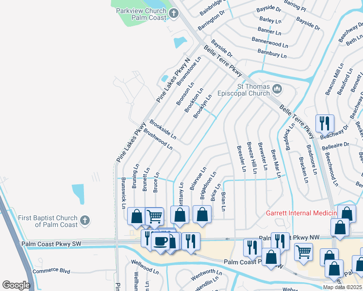 map of restaurants, bars, coffee shops, grocery stores, and more near 50 Brookside Lane in Palm Coast
