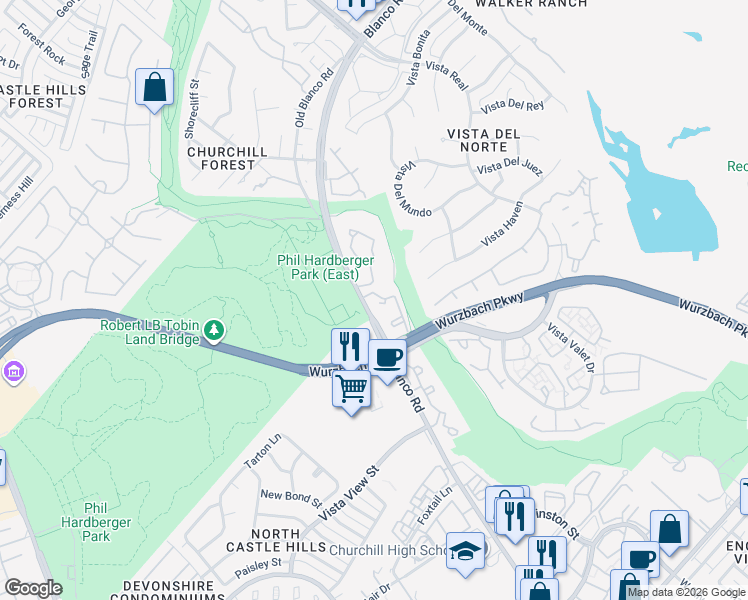 map of restaurants, bars, coffee shops, grocery stores, and more near 13030 Blanco Road in San Antonio
