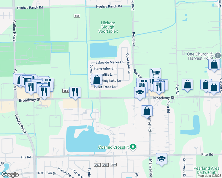 map of restaurants, bars, coffee shops, grocery stores, and more near 7512 Quiet Trace Lane in Pearland