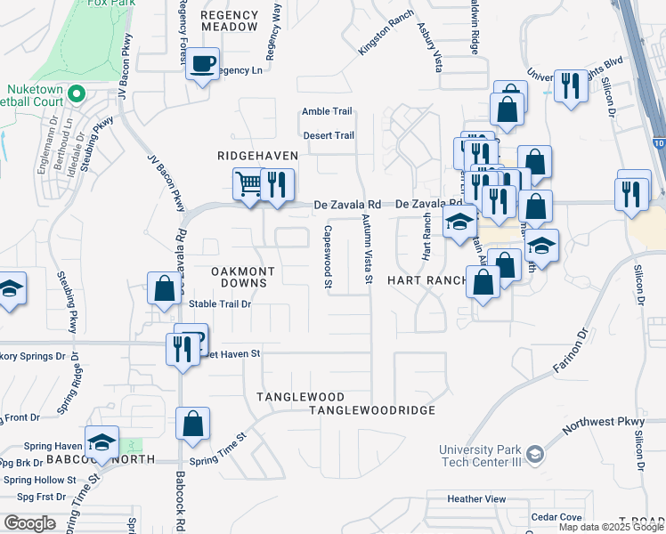 map of restaurants, bars, coffee shops, grocery stores, and more near 12327 Mapletree Street in San Antonio