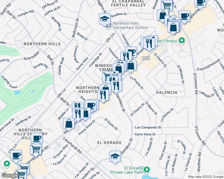 map of restaurants, bars, coffee shops, grocery stores, and more near Nacogdoches Road & El Sendero Street in San Antonio