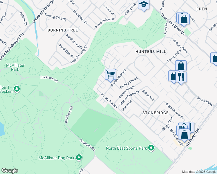 map of restaurants, bars, coffee shops, grocery stores, and more near 12039 Stoney Summit in San Antonio
