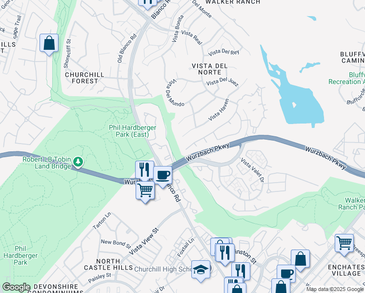 map of restaurants, bars, coffee shops, grocery stores, and more near 12707 Vidorra Vista Drive in San Antonio