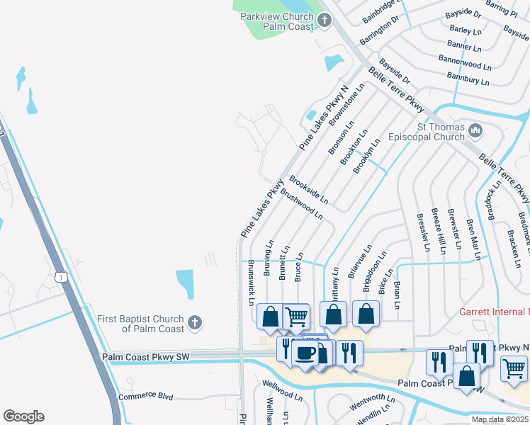 map of restaurants, bars, coffee shops, grocery stores, and more near 9 Pine Lakes Parkway in Palm Coast