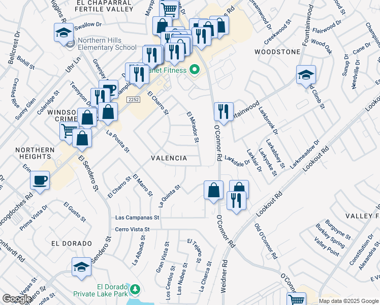 map of restaurants, bars, coffee shops, grocery stores, and more near 5139 El Capitan Street in San Antonio