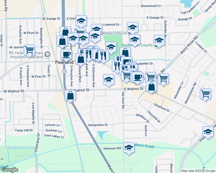 map of restaurants, bars, coffee shops, grocery stores, and more near 3421 East Walnut Street in Pearland