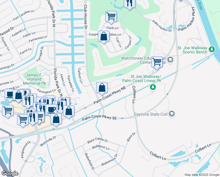 map of restaurants, bars, coffee shops, grocery stores, and more near 28 Lake Forest Court in Palm Coast