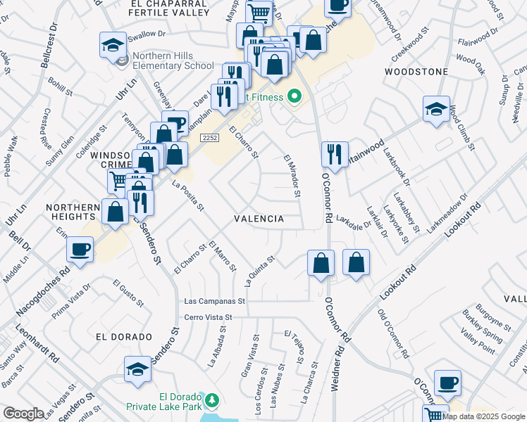 map of restaurants, bars, coffee shops, grocery stores, and more near 5115 El Capitan Street in San Antonio