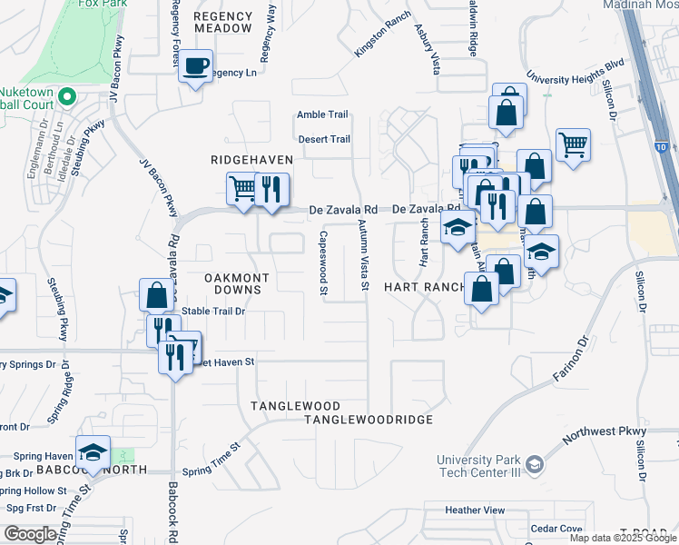 map of restaurants, bars, coffee shops, grocery stores, and more near 12327 Mapletree Street in San Antonio