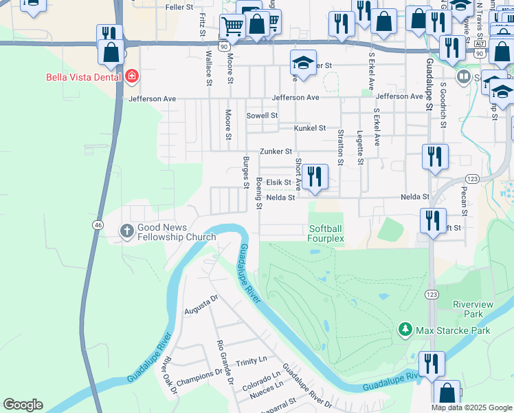 map of restaurants, bars, coffee shops, grocery stores, and more near 812 Boenig Street in Seguin