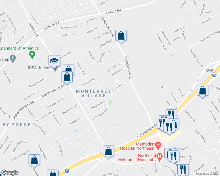map of restaurants, bars, coffee shops, grocery stores, and more near 13226 Loma Sierra in San Antonio