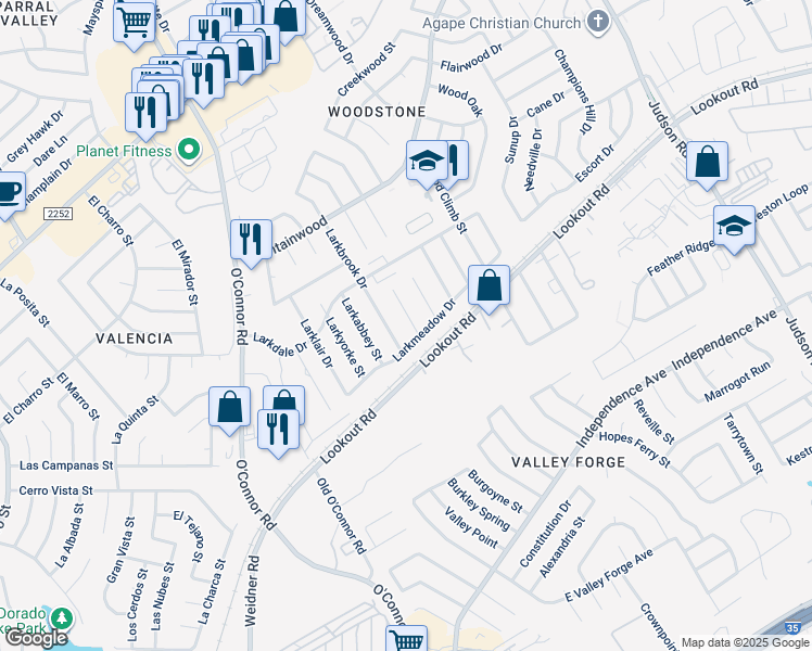 map of restaurants, bars, coffee shops, grocery stores, and more near 13211 Larkwalk Street in San Antonio